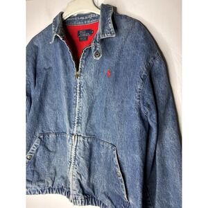 Polo Ralph Lauren Vintage Denim Bomber Jacket Blue Red Flannel Lined Mens XL USA